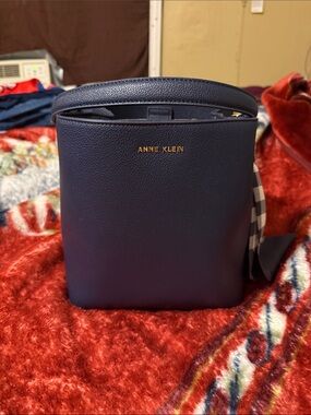 Anne Klein Navy Pebbled Leather Bucket Crossbody